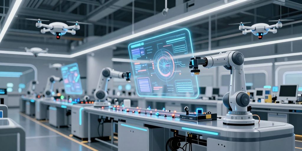 Nowoczesna fabryka z robotami i automatyką przemysłową